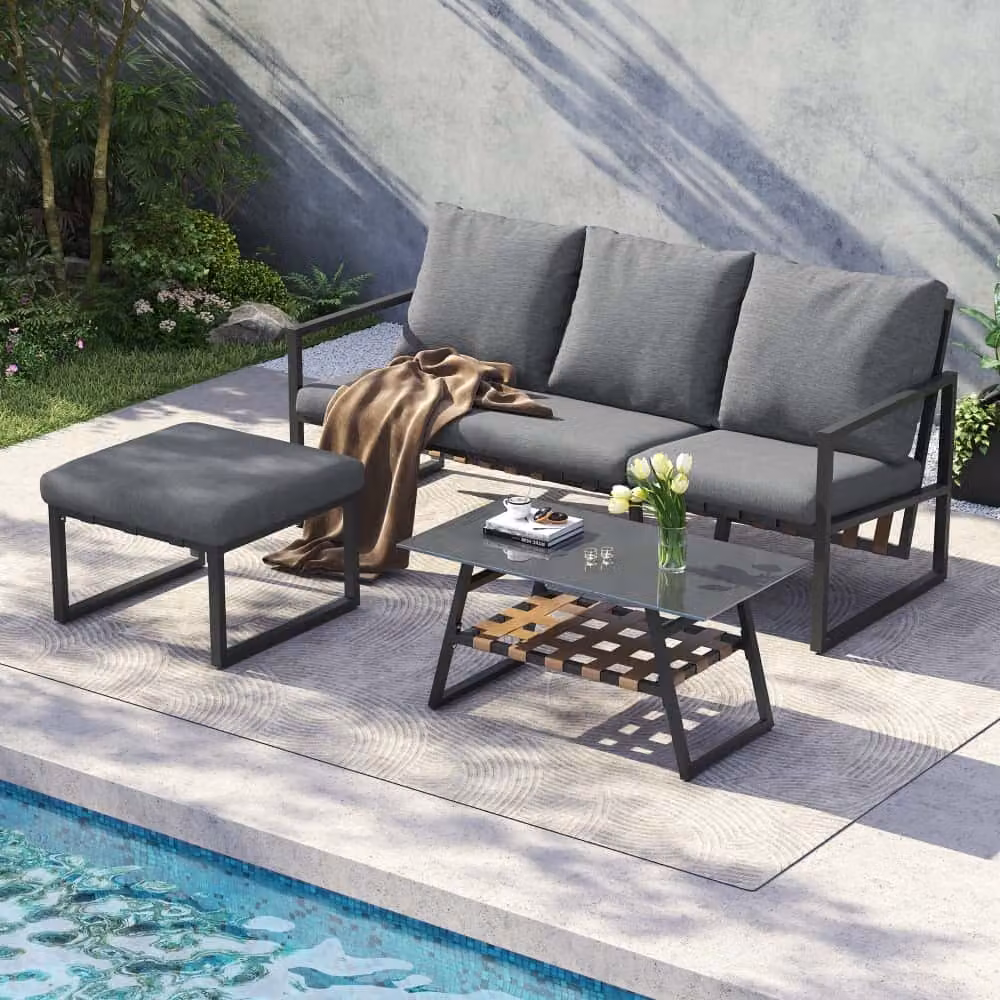 Set di mobili da giardino AIORBER, set ad angolo con divano, tavolino e poggiapiedi, acciaio tubolare zincato, piano in vetro, per giardini, piscine, 182,5x74x79cm, grigio