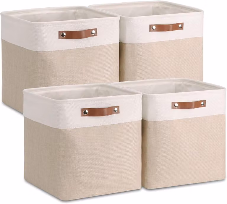 Scatole di stoccaggio 30x30x30 cm, set da 4, color kaki e bianco, per abbigliamento