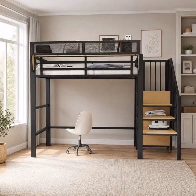 Letto a soppalco in metallo 90 x 200 cm con scala di sicurezza e ripiano regolabile; nero