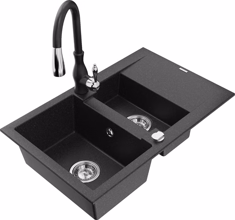 Mexen Gaspar lavello in granito a 1,5 vasche con scolapiatti e rubinetto da cucina Savita, nero/argento - 6507-73-672601-70