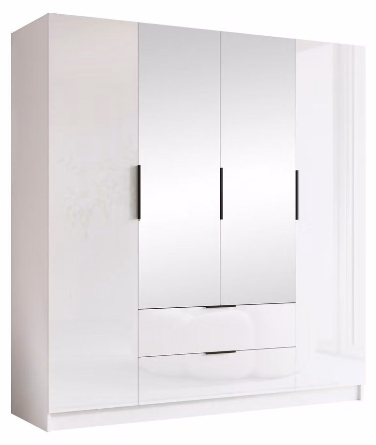 MIRJAN24 Armadio Sofia II 200, camera da letto, con specchio, armadio a ante battenti, con asta appendiabiti, moderno, guardaroba, maniglie in metallo (colore: bianco / bianco lucido + nero)