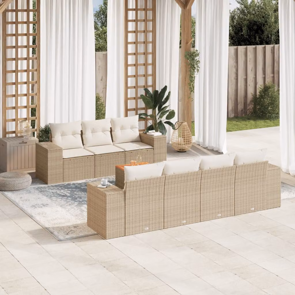 Set Divano da Giardino 8 pz vidaXL con Cuscini Beige e Tavolino, Struttura in Acciaio e Legno di Acacia, Design Moderno a L – 1