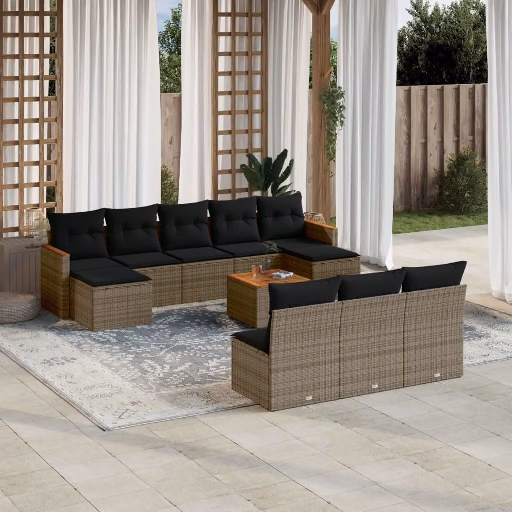 vidaXL Set Divani da Giardino 11 pz a Forma a U in Polyrattan Grigio con Cuscini e Tavolino – 1