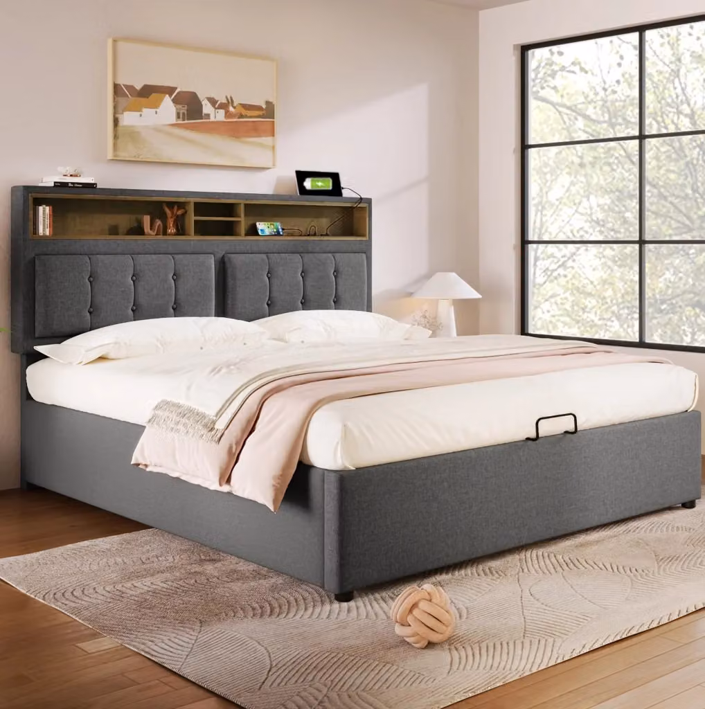 Letto matrimoniale MODFU con contenitore e porte USB/Type-C, imbottito in tessuto grigio con materasso, L/P/H: 160 x 200 x 104 cm – 2