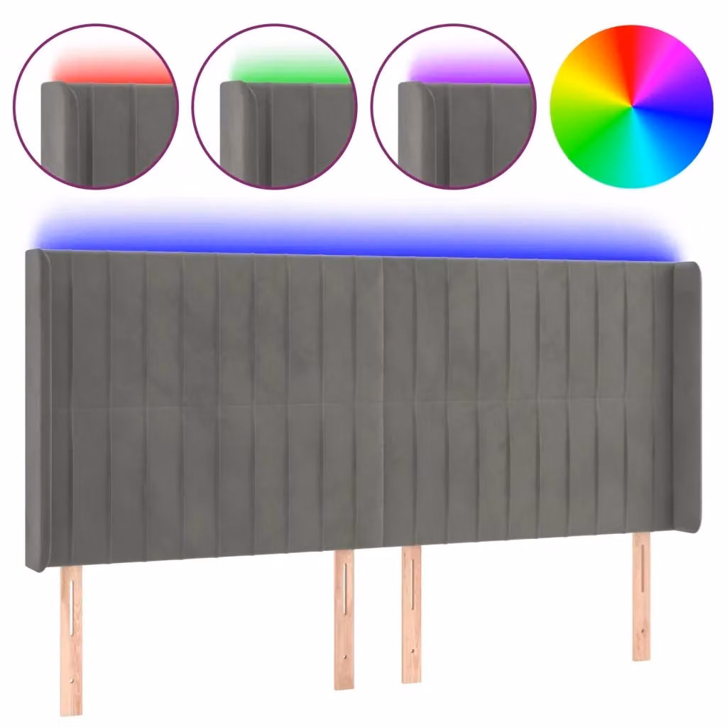 Testiera con LED Design Mania in Velluto Grigio Chiaro con Porte USB, L: 203 cm, P: 16 cm, H: 118/128 cm – 2