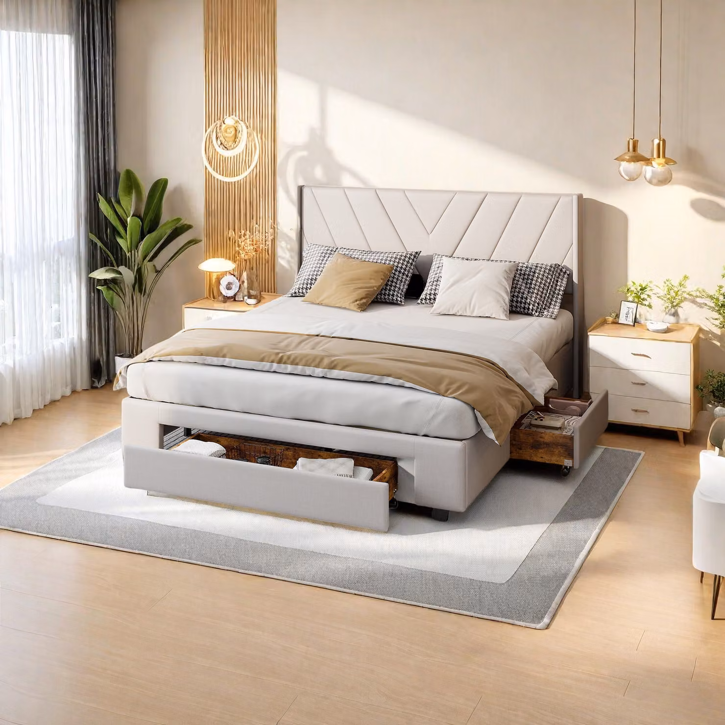 UnboxG Letto matrimoniale 140x200 cm, Letto imbottito con 3 cassetti, Letto con contenitore, Testata regolabile, Letto contenitore Letto con spalliera e rete a doghe, Lino, Beige