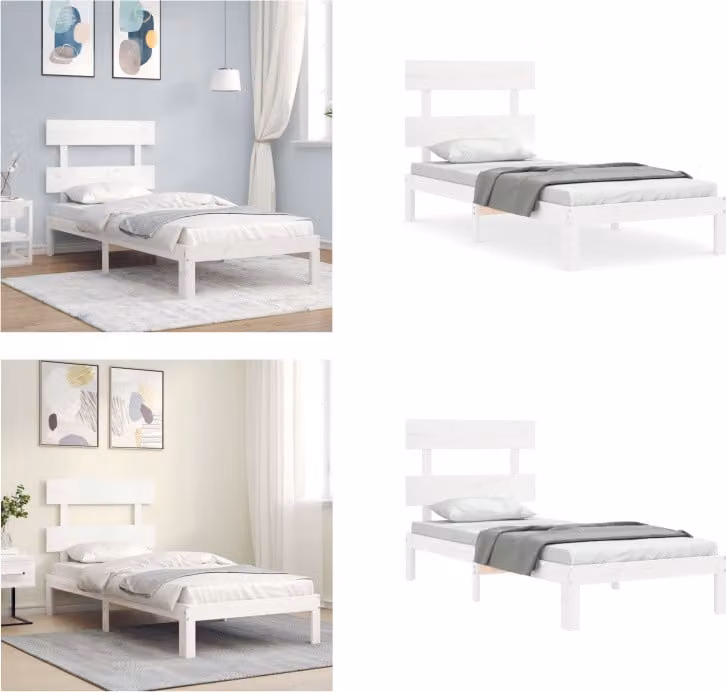 vidaXL Letto in legno massiccio con testiera bianca 90x200 cm - Giroletto - Cornici per letti - Struttura per letti - Letto