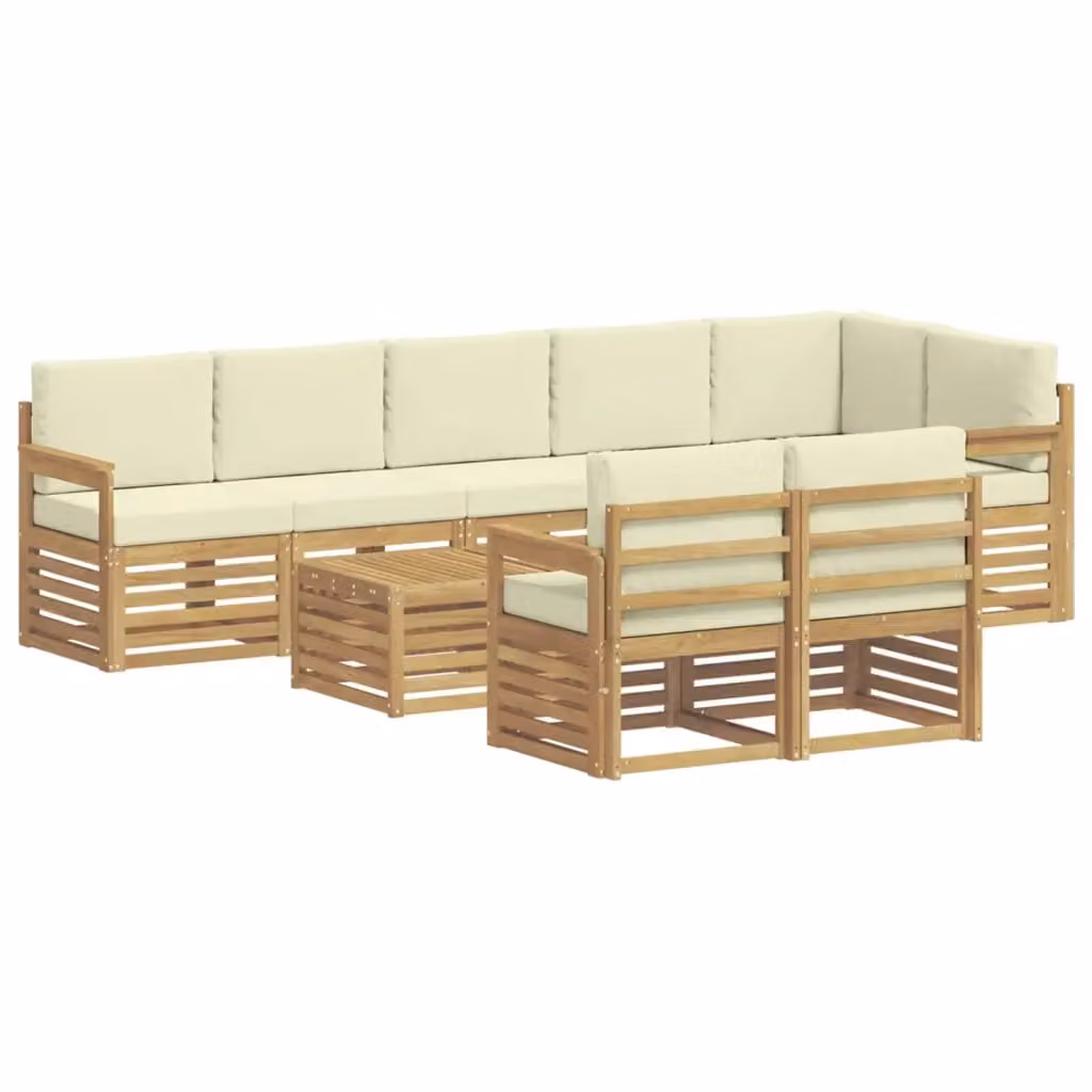 Set di divani da esterno vidaXL a forma di L composto da 9 pezzi con tavolino da caffè, in legno di acacia e tessuto resistente ai raggi UV, colore bianco e beige – 2