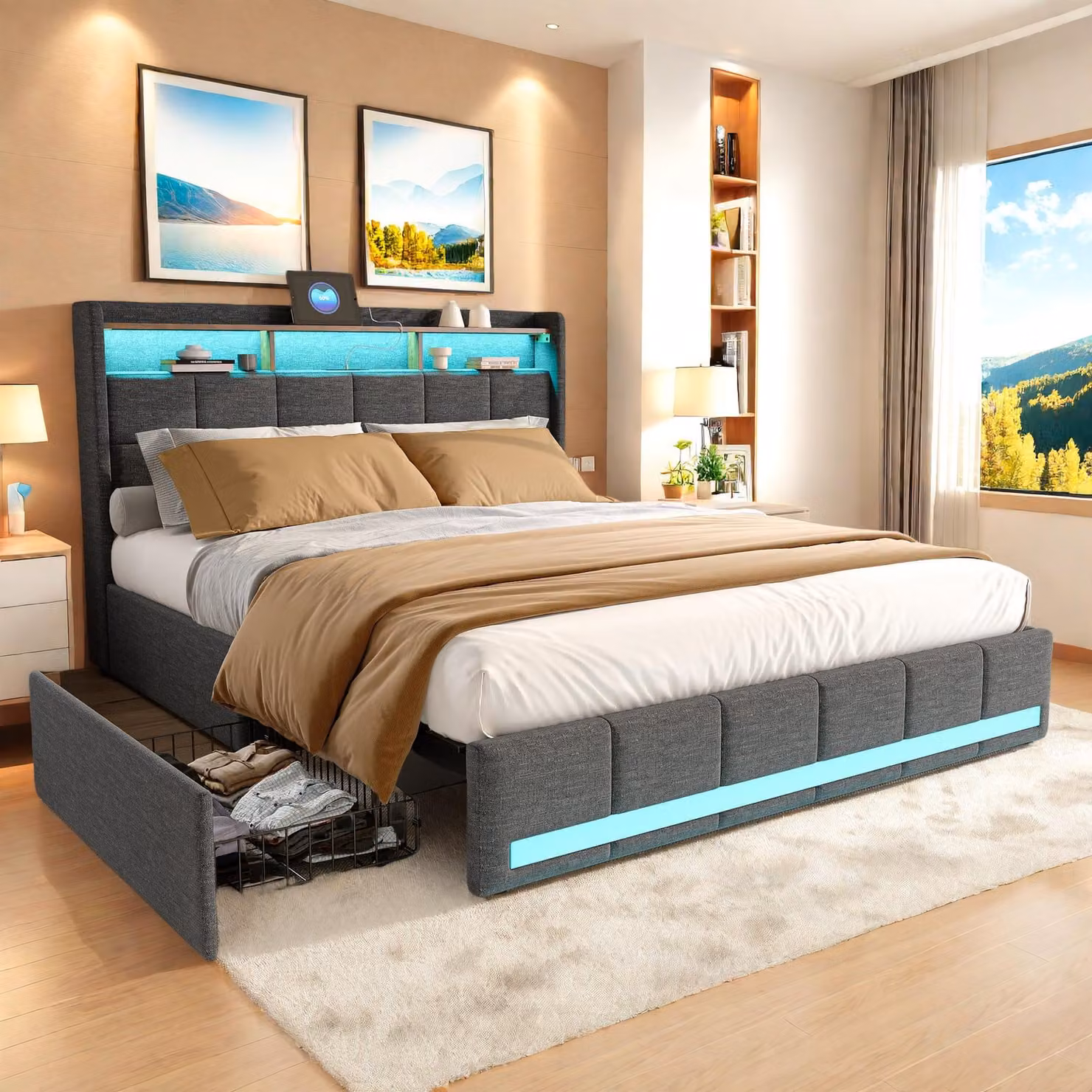 Letto funzionale Fortuna Lai letto imbottito 140x200 cm, letto matrimoniale con ricarica USB e vano contenitore sulla testata, lino, grigio
