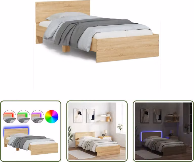 The Living Store Struttura letto con testiera e luci LED Rovere Sonoma 100x200 cm