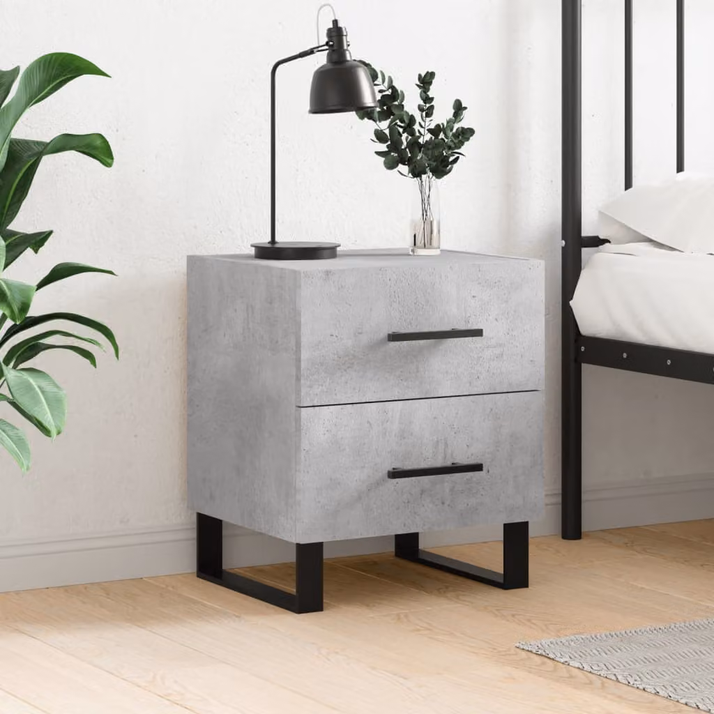Comodino moderno vidaXL in legno e metallo, colore grigio cemento, L 40 cm x P 35 cm x H 47,5 cm