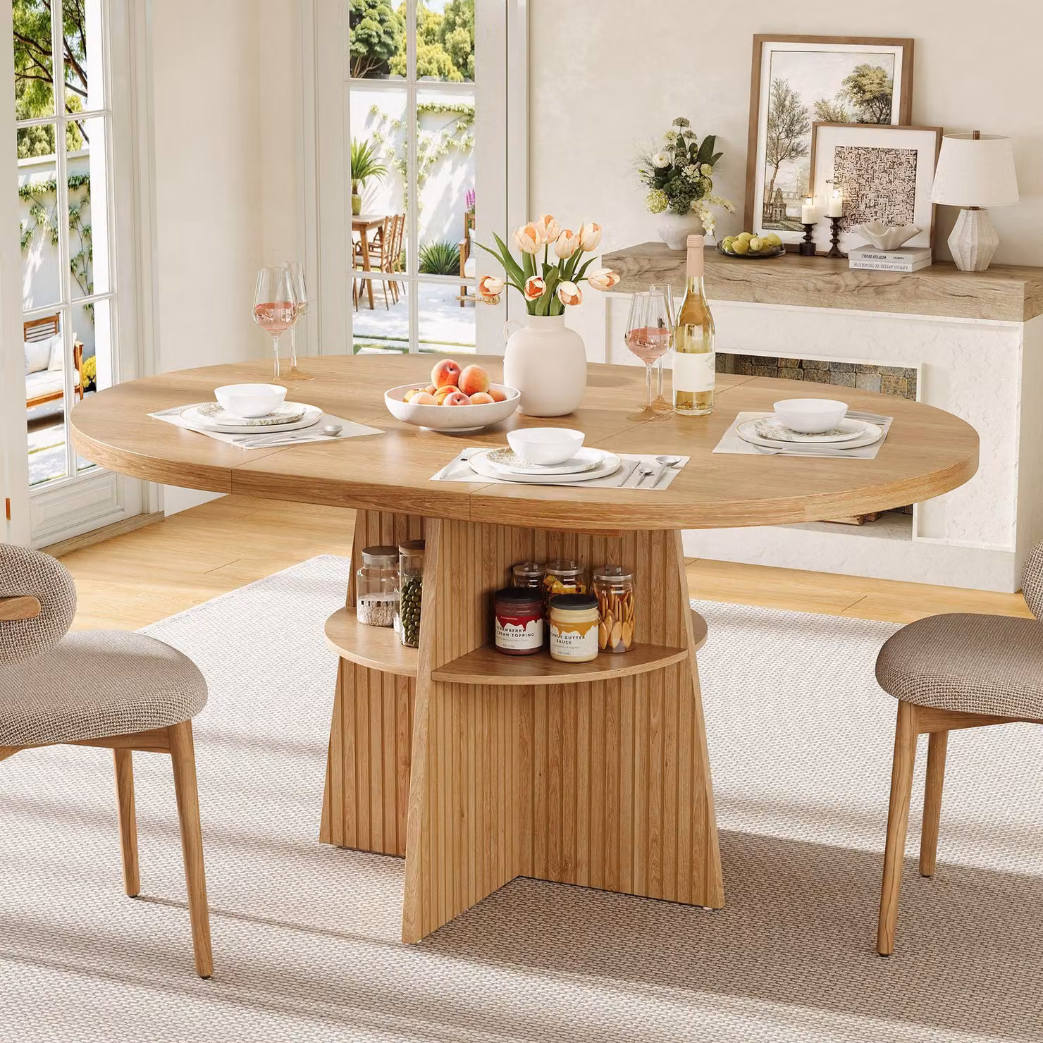 Tavolo da pranzo estendibile rotondo Merax, dimensioni 110-150 × 110 × 77,5 cm, per 2-8 persone, con ripiano, tavolo da cucina, tavolo da pranzo, aspetto legno, colore naturale