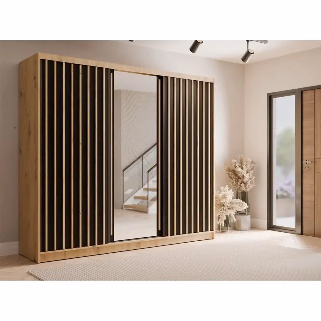 Armadio KAZU MEUBLORAMA con 3 ante scorrevoli e specchio, colore quercia e grigio grafite, L: 248 cm, H: 215 cm, P: 62 cm – 2