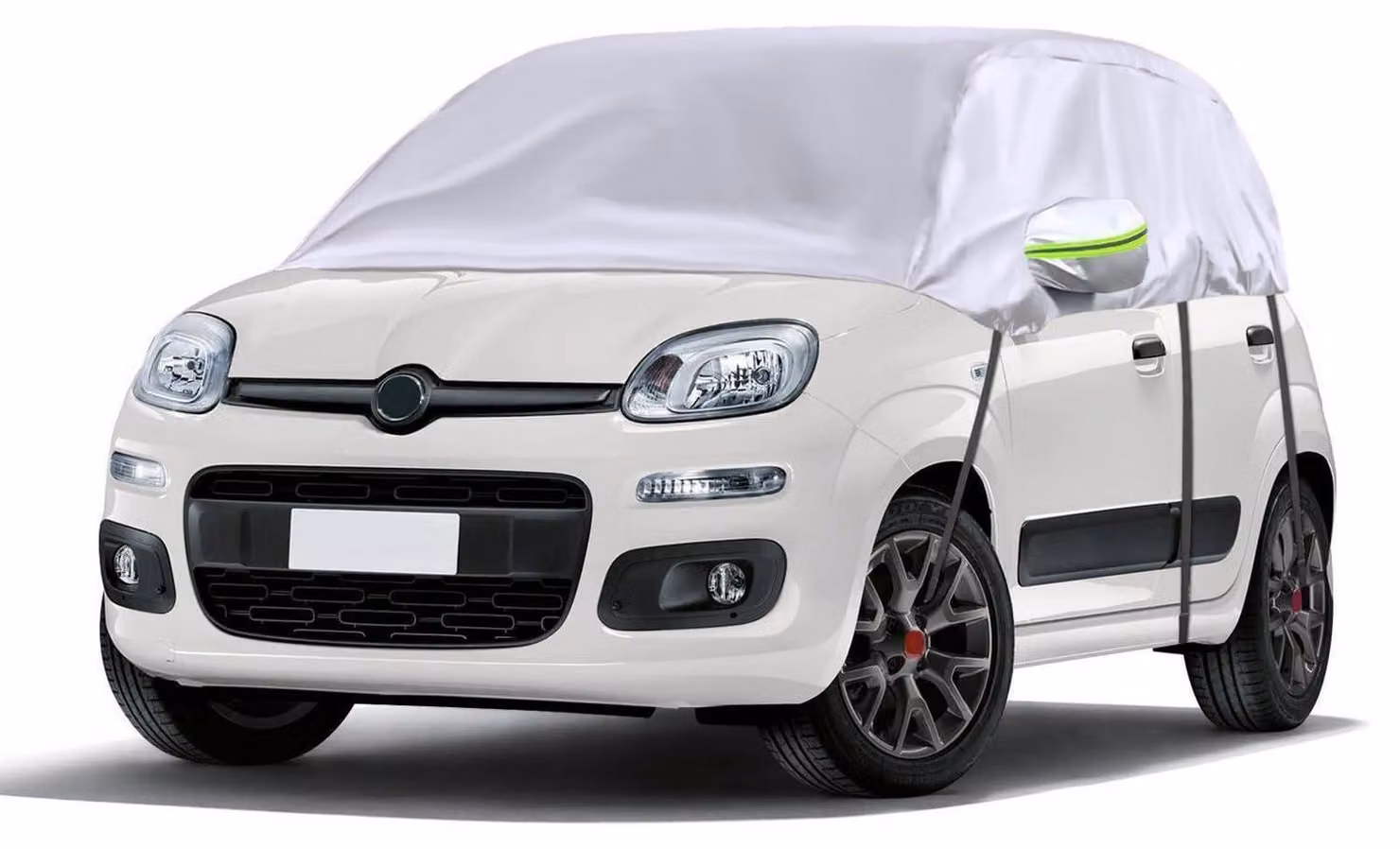 Copertura per auto di tipo "mezza garage" per Fiat Panda, modelli dal 2003 al 2023, colore argento, realizzata in PEVA/cotone non tessuto, offre protezione per tutto l'anno e presenta strisce riflettenti