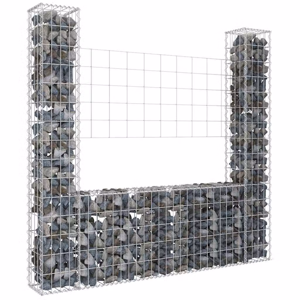 vidaXL Gabbione a U con 2 Pali in Ferro Grigio e Argento L: 140 cm, P: 20 cm, H: 150 cm