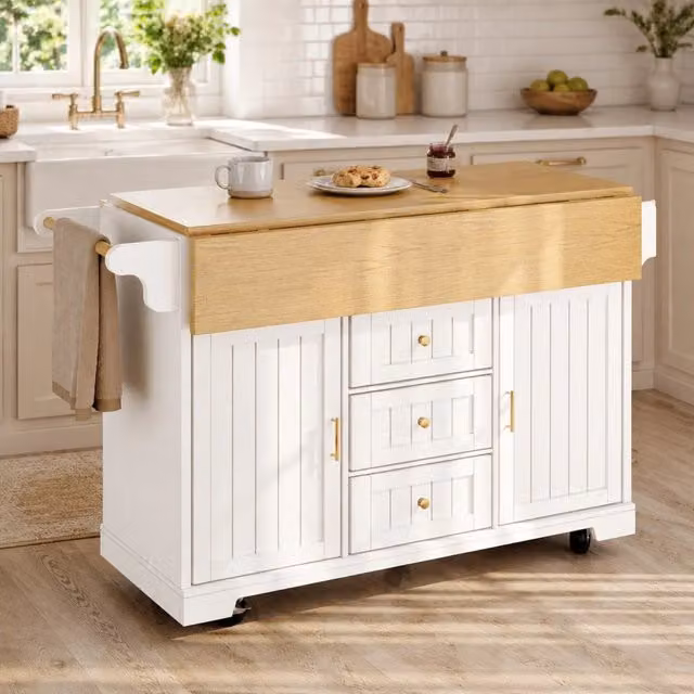 Isola cucina con carrello estraibile 120x40/80x95 cm, bianca con piano in legno, 3 cassetti e 2 ante, con portatovaglioli e porta spezie