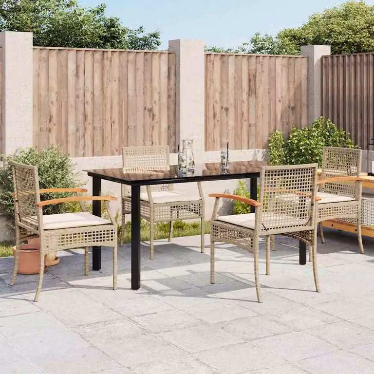 Set da pranzo da giardino vidaXL in polyrattan con tavolo in vetro e cuscini beige, 5 pezzi