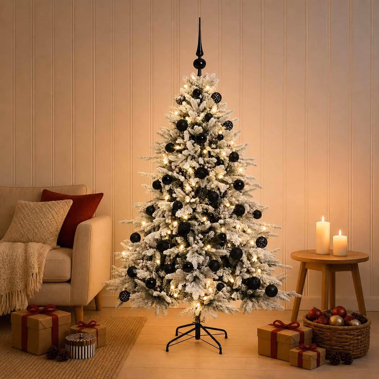 Albero di Natale artificiale con decorazioni a forma di sfera natalizia, altezza 120 cm, con 150 luci a LED