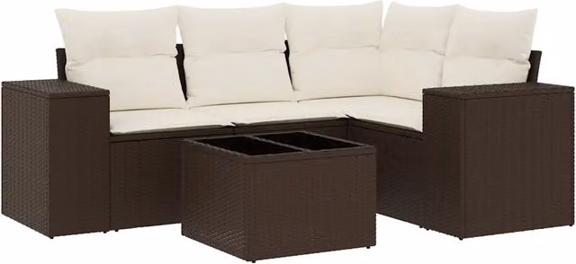 Set Divano da Giardino 5 pz | Set Salotto da Giardino con Cuscini Marrone in Polyrattan