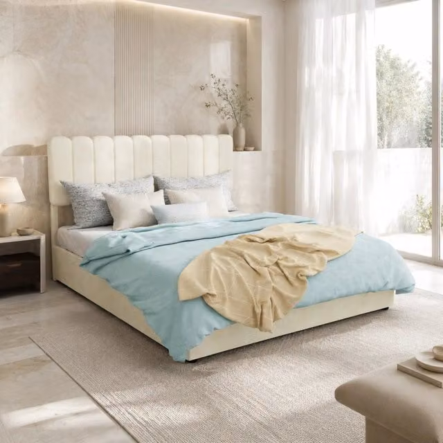 Letto matrimoniale 140x200 cm in tessuto beige con testiera imbottita e struttura in metallo