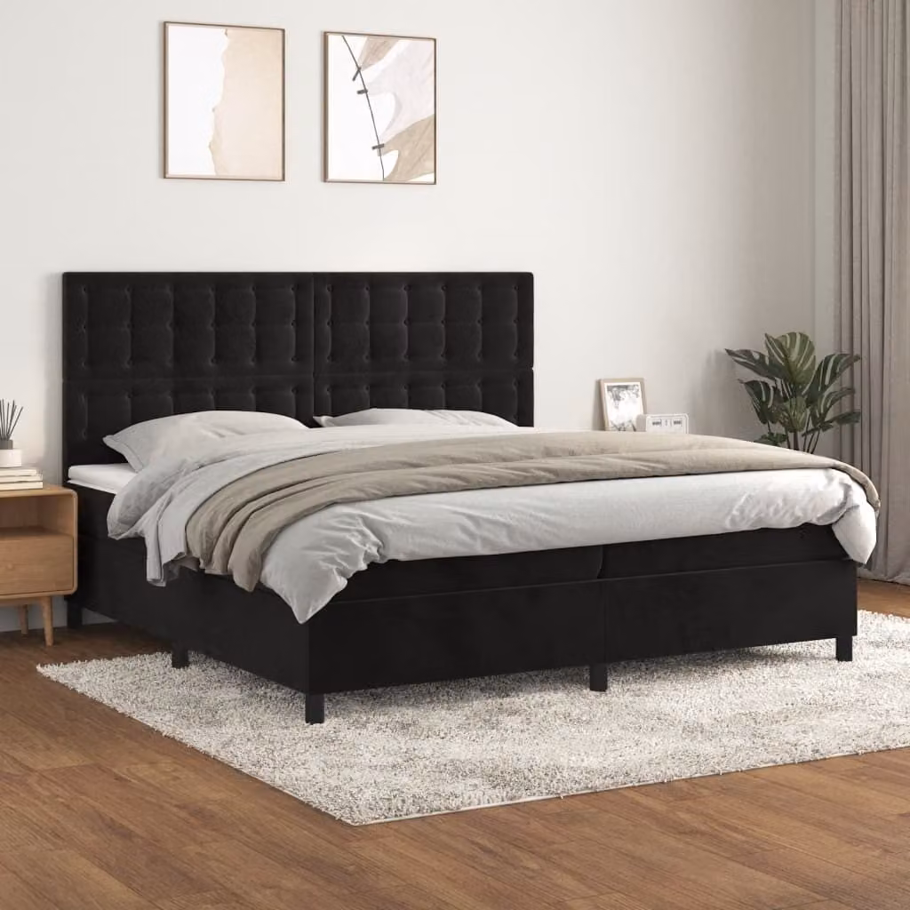 The Living Store Letto a molle con materasso nero 200x200 cm in velluto