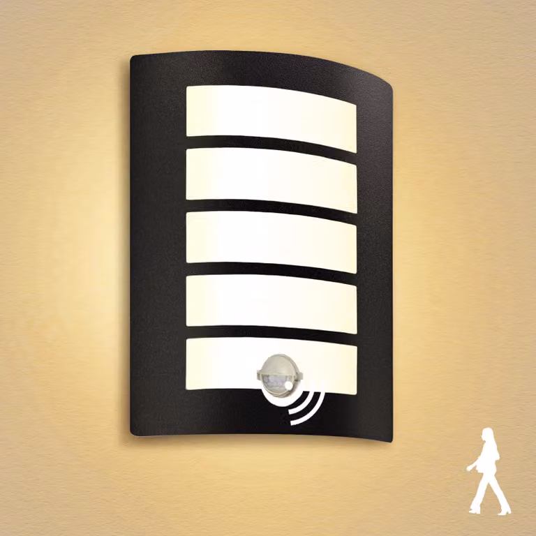 Lampada da parete esterna con sensore di movimento, attacco E27, 12W, 1200 lumen, grado di protezione IP44, colore nero