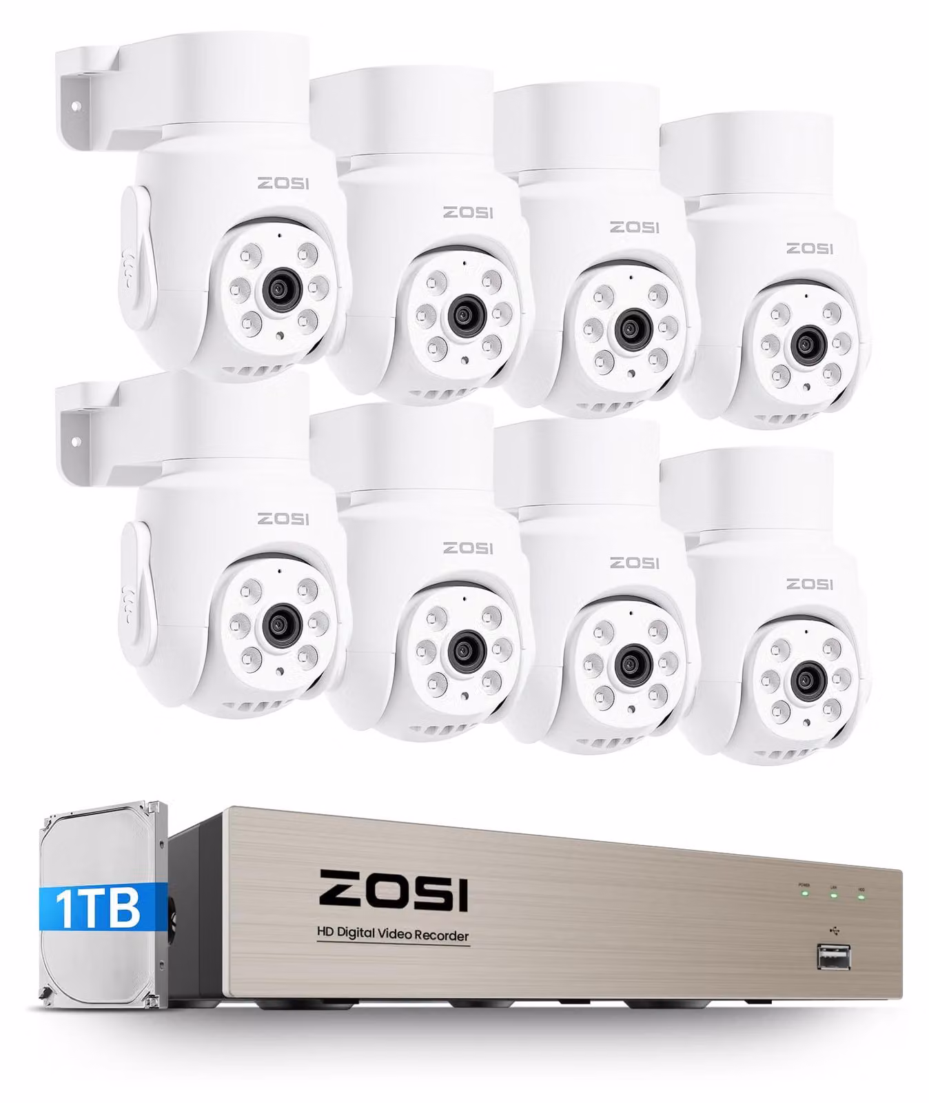 ZOSI, kit di telecamere di sicurezza IP da esterno, 2MP, con controllo PTZ (pan-tilt-zoom), registrazione audio, rilevamento di persone e veicoli tramite intelligenza artificiale