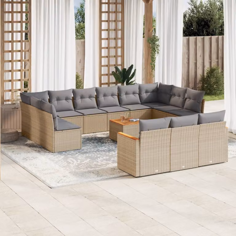 vidaXL Set Divano da Giardino a L 14 pz con Cuscini Beige e Grigio in Polyrattan e Legno di Acacia