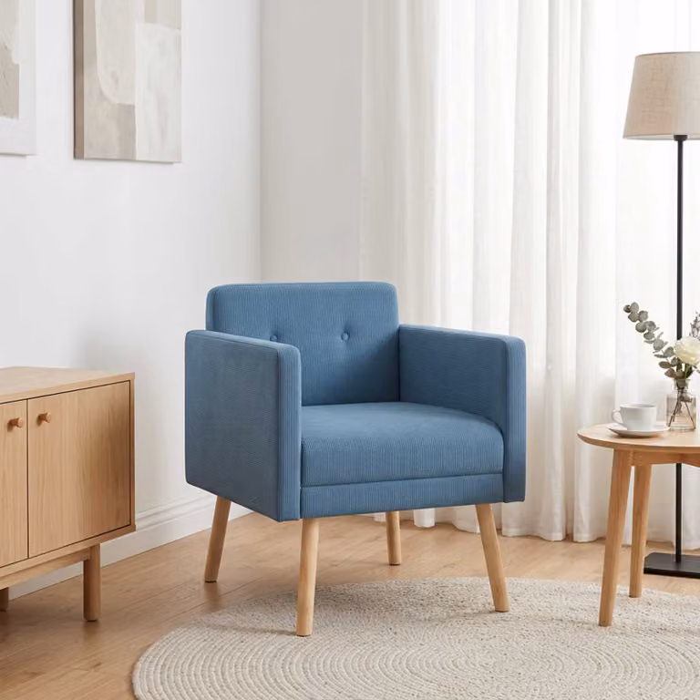 Sedia d'accento moderna vidaXL in velluto blu con braccioli e struttura in legno