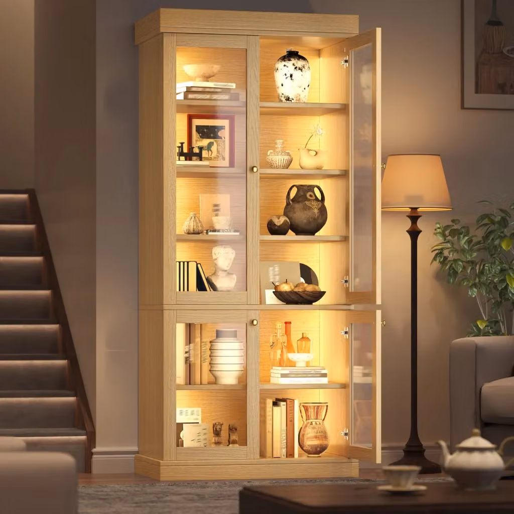 Armadio moderno in MDF e vetro con illuminazione LED integrata, colore beige, L: 160 cm, P: 40 cm, H: 180 cm – 2