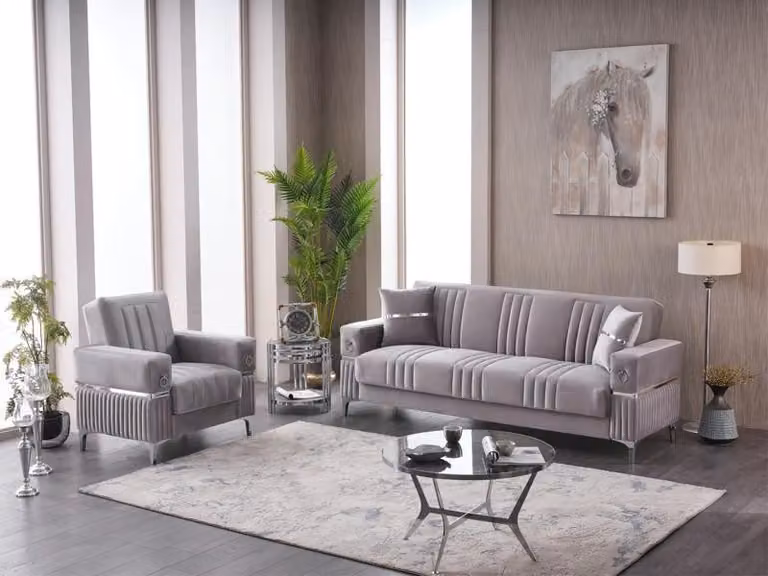 Komplette Dreisitzer Couch Sessel Stoff 3 Sitzer Sofa Beige Set 2tlg