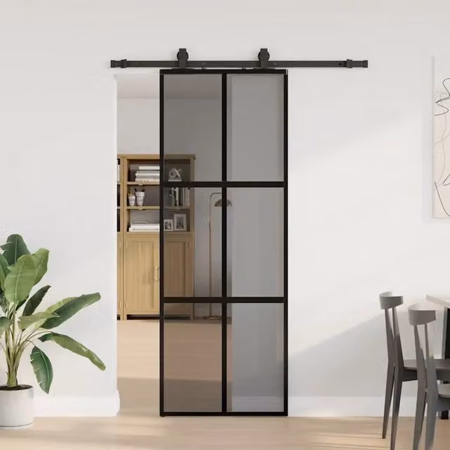 Porta Scorrevole VIDAXL in Vetro Temperato Trasparente con Telaio in Alluminio Nero L: 76 cm, H: 205 cm
