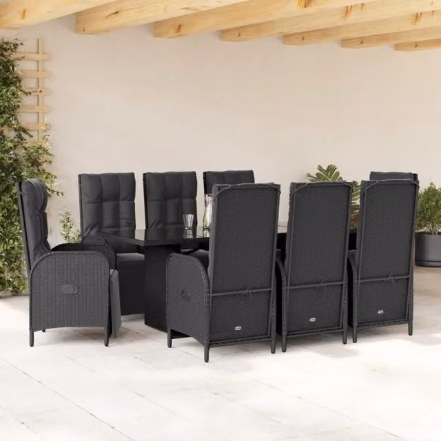 Set da pranzo da giardino vidaXL in polyrattan nero con cuscini e tavolo in vetro – 1