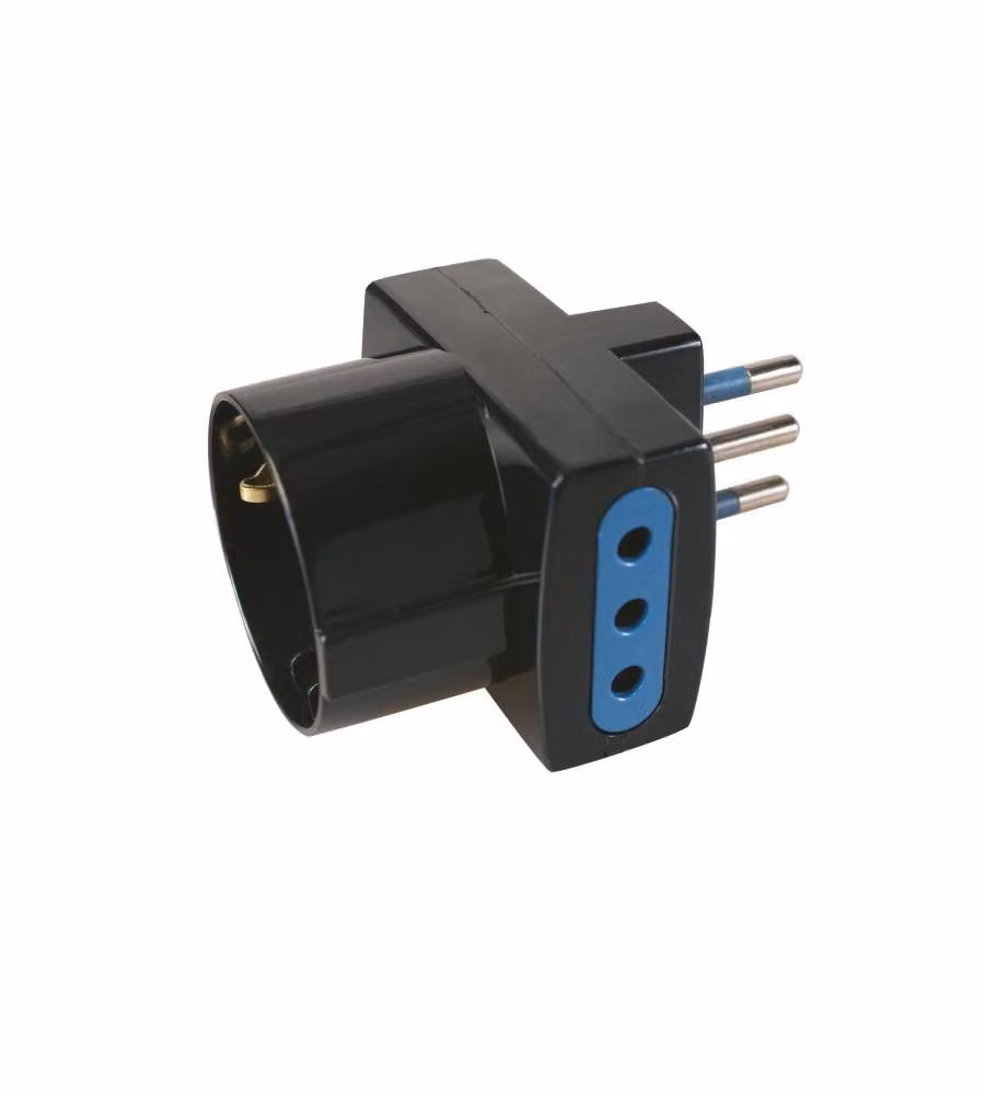 Poly Pool - Adattatore Nero Pluristandard 10A 2P + T con 2 Prese 10A