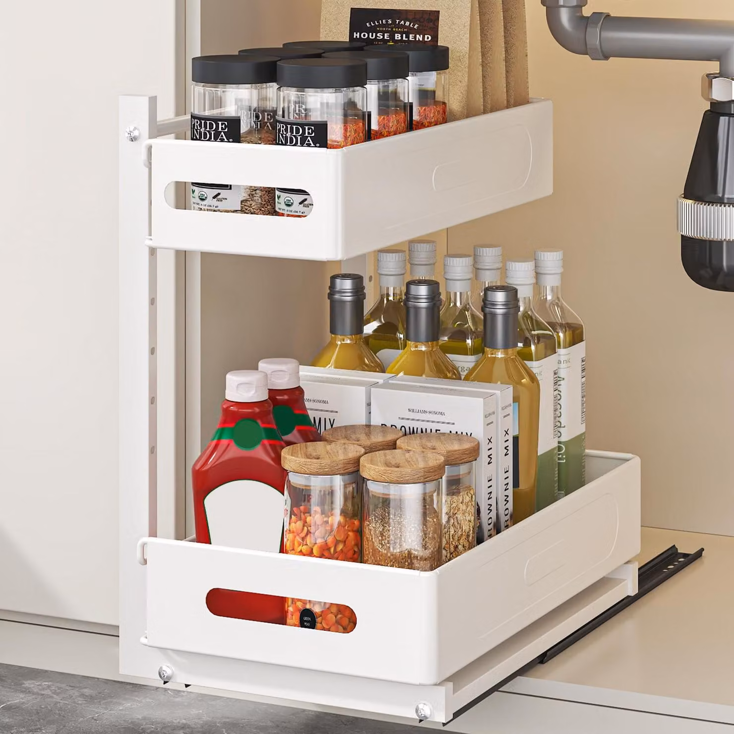 Organizer da cucina sotto il lavello - 2 ripiani - Estraibile - Bianco - Con 4 ganci