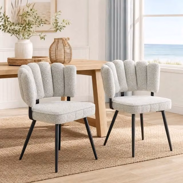Set di 2 sedie da pranzo con schienale a ventaglio floreale in tessuto loop grigio chiaro e gambe in metallo nero, altezza 80 cm