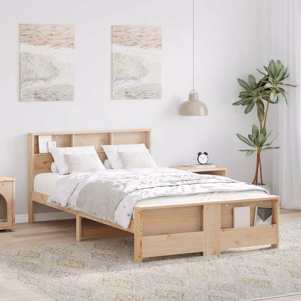 vidaXL Struttura letto in legno di pino con scaffale laterale, Marrone e Beige, L: 120 cm x P: 200 cm