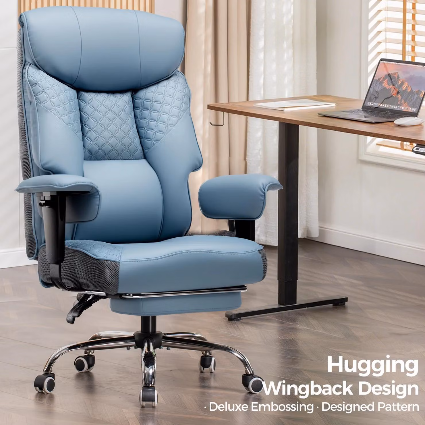 Sedia da gaming - CH810 sedia da ufficio ergonomica - Portata 180 kg - Cuscino di seduta 3D - Poggiapiedi regolabile - Regolabile in altezza - Pelle - Blu