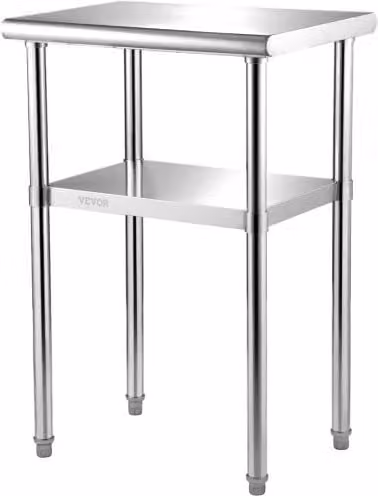Tavolo da lavoro VEVOR in acciaio inox color argento con 2 ripiani regolabili, L/P/H: 61 x 46 x 91,4 cm, portata massima 272,4 kg