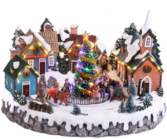Villaggio con Albero di Natale in Piazza con Luci Musica e Movimenti