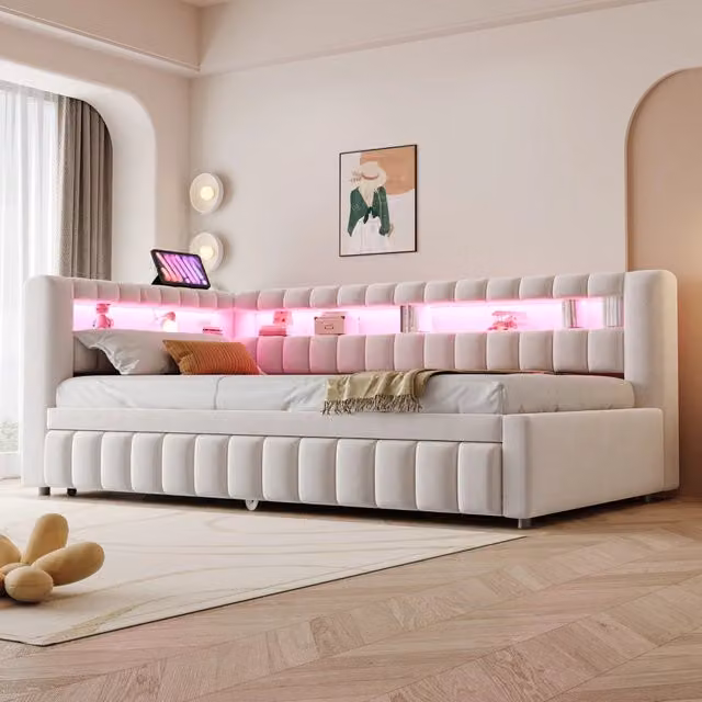 Letto imbottito 90x200 cm con letto estraibile; LED e USB in velluto beige