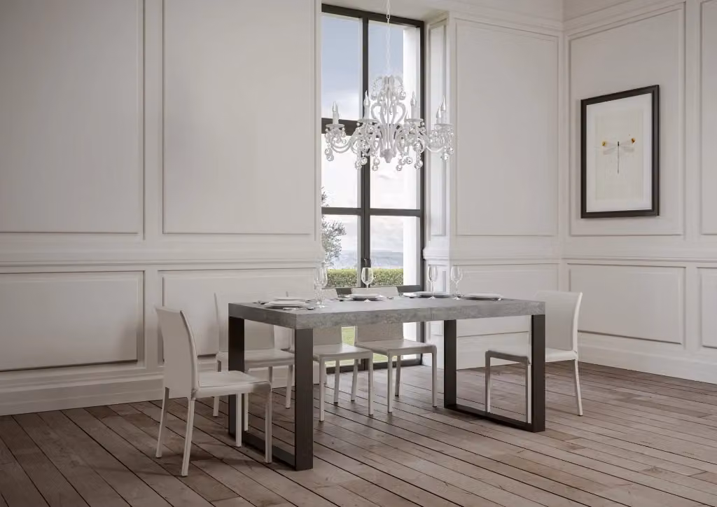 Tavolo allungabile moderno con piano in effetto cemento e gambe in metallo grigio, L/P: 120-380 x 90 cm – 2
