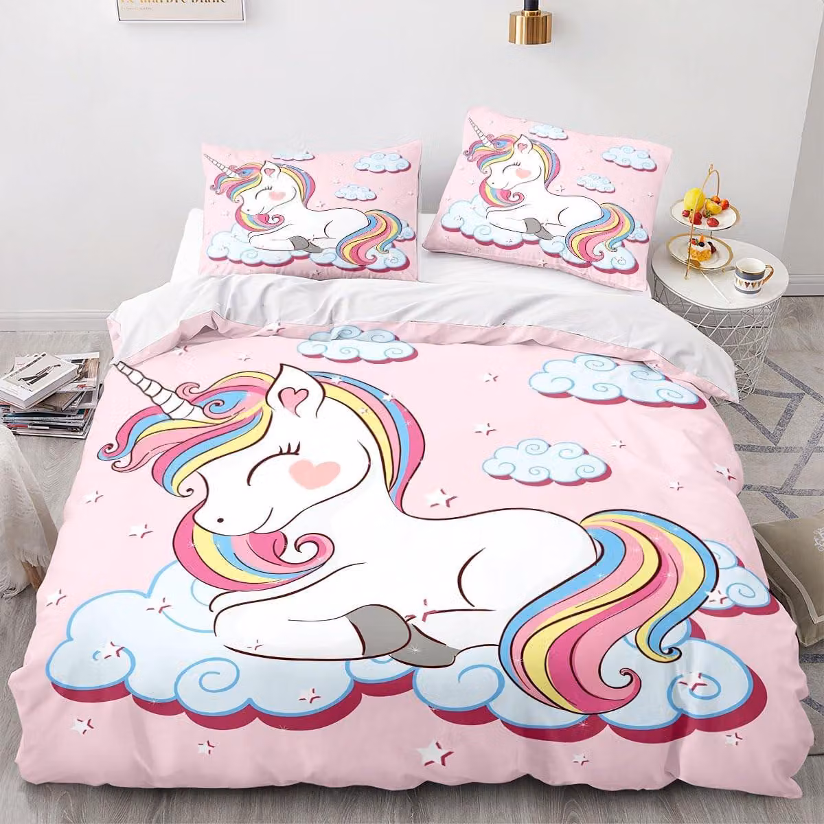 Solidchoice - Set di lenzuola con copripiumino a tema unicorno per bambini, 135x200 cm