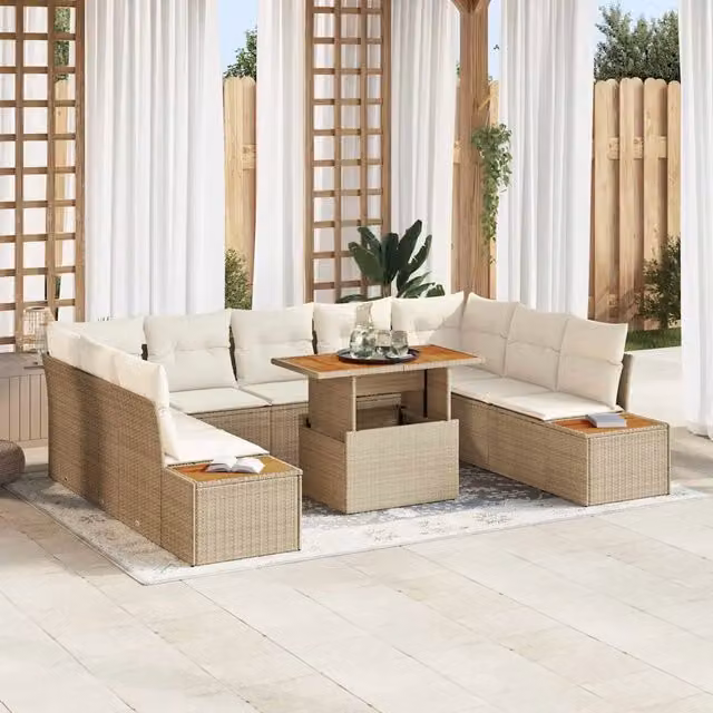 Set Divano da Giardino a Forma di U con Tavolino da vidaXL, 10 Pezzi, Polyrattan e Legno di Acacia, Beige – 1