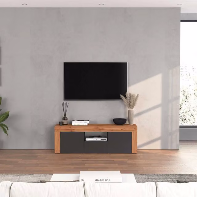 WHOUS Mobile porta tv Chronos a 2 ante e 1 cassetto antracite opaco e rovere 155x40x51 cm
