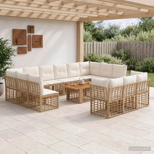 Set Divano da Giardino Moderno vidaXL in Polyrattan e Legno di Acacia, 14 Pezzi, Naturale e Bianco