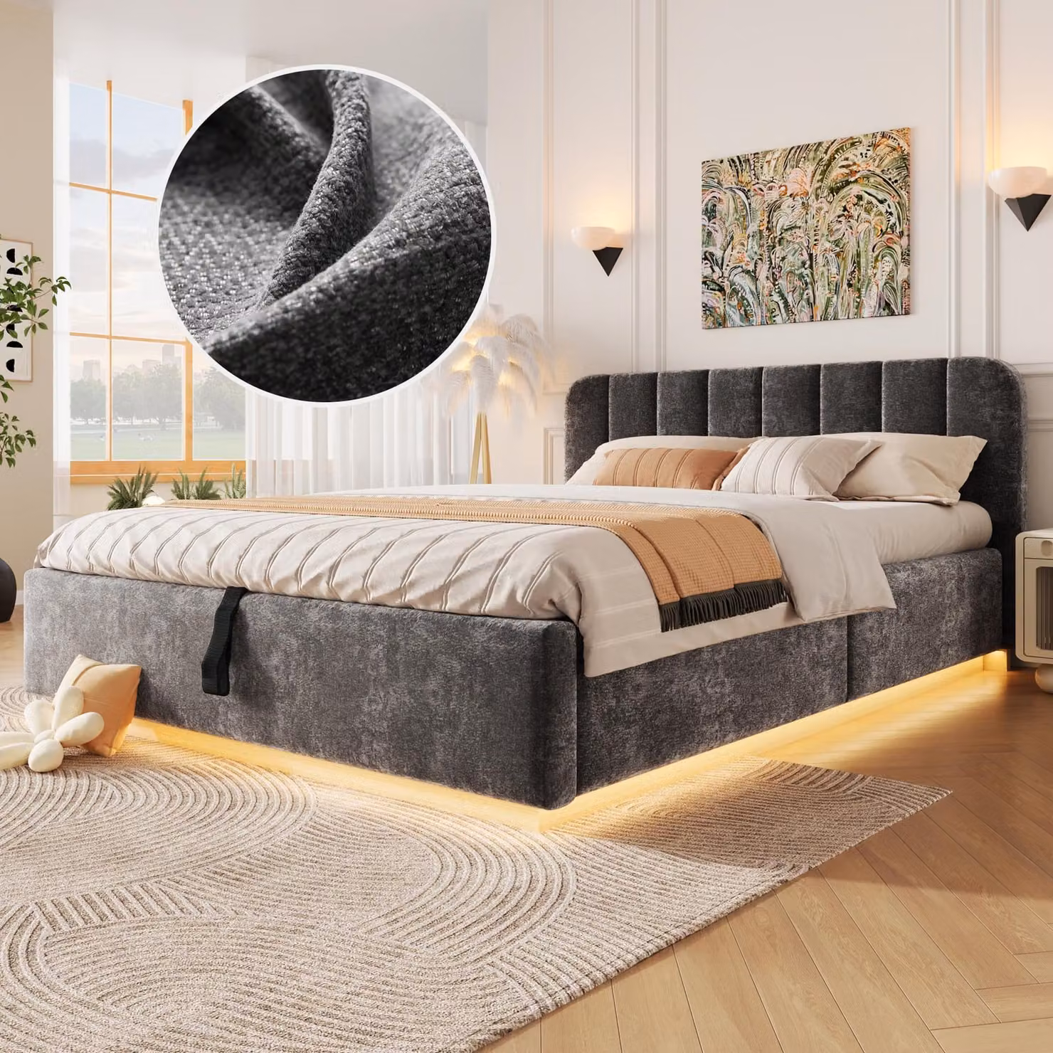 Letto imbottito 140 x 200 cm con contenitore a sollevamento idraulico, illuminazione a LED, rete a doghe e testiera imbottita, colore antracite effetto velluto