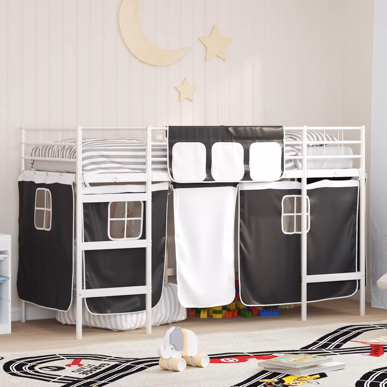 Maison Exclusive - Letto a castello per bambini con tende, colore bianco e nero