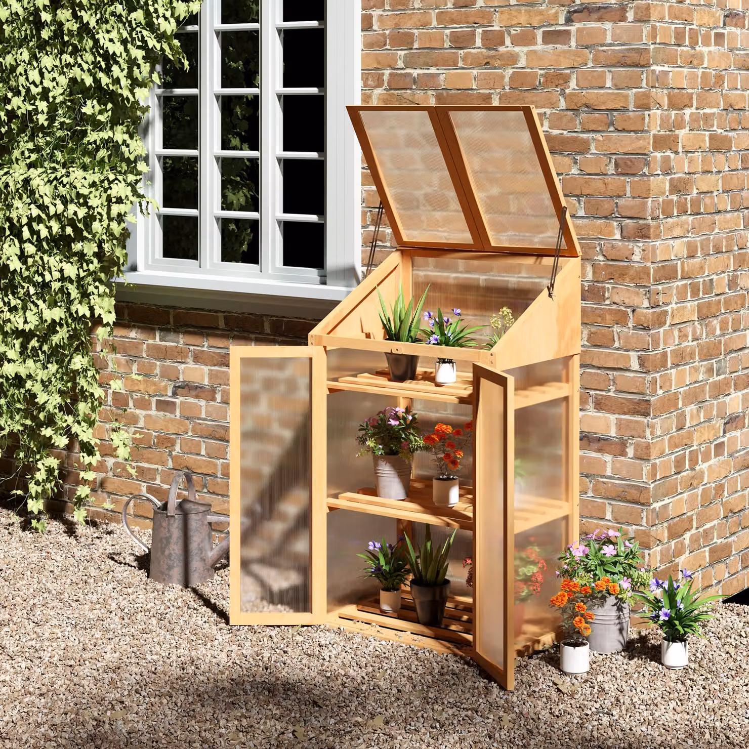 Mini Serra Outsunny in Legno e Policarbonato con 3 Ripiani e Doppia Porta, Marrone, L 70 cm x P 50 cm x H 120 cm – 2