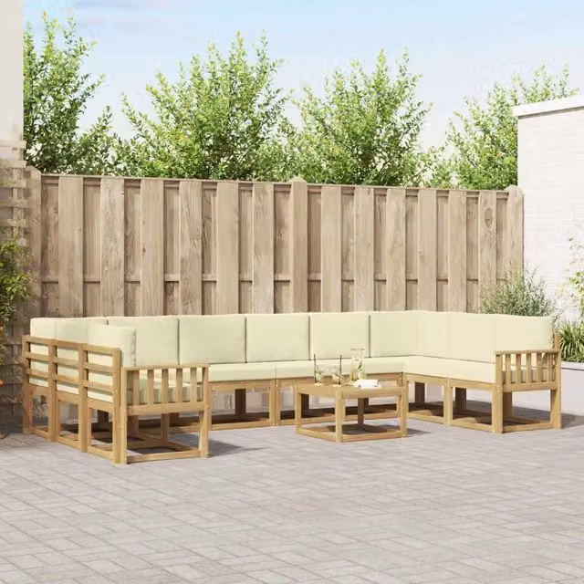 Set di divani da esterno vidaXL a forma di L con tavolo da caffè, 11 pezzi, Bianco e Beige, in legno di acacia con cuscini inclusi – 1